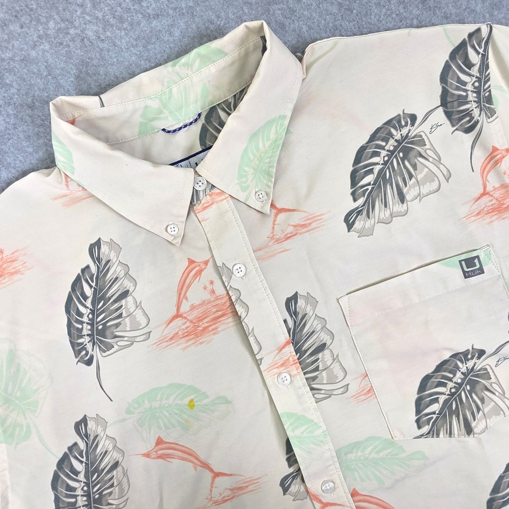 Huk Men's XXL Beige Tropical Marlin Palm Leaf Button Down Shirt H1500192-106